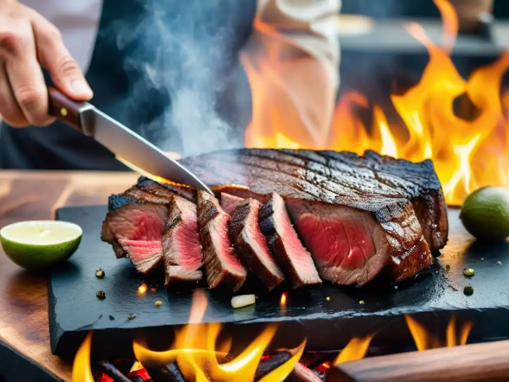 Un chef experto cortando una suculenta picanha uruguaya en un asado tradicional, evocando técnicas de asado picanha uruguaya