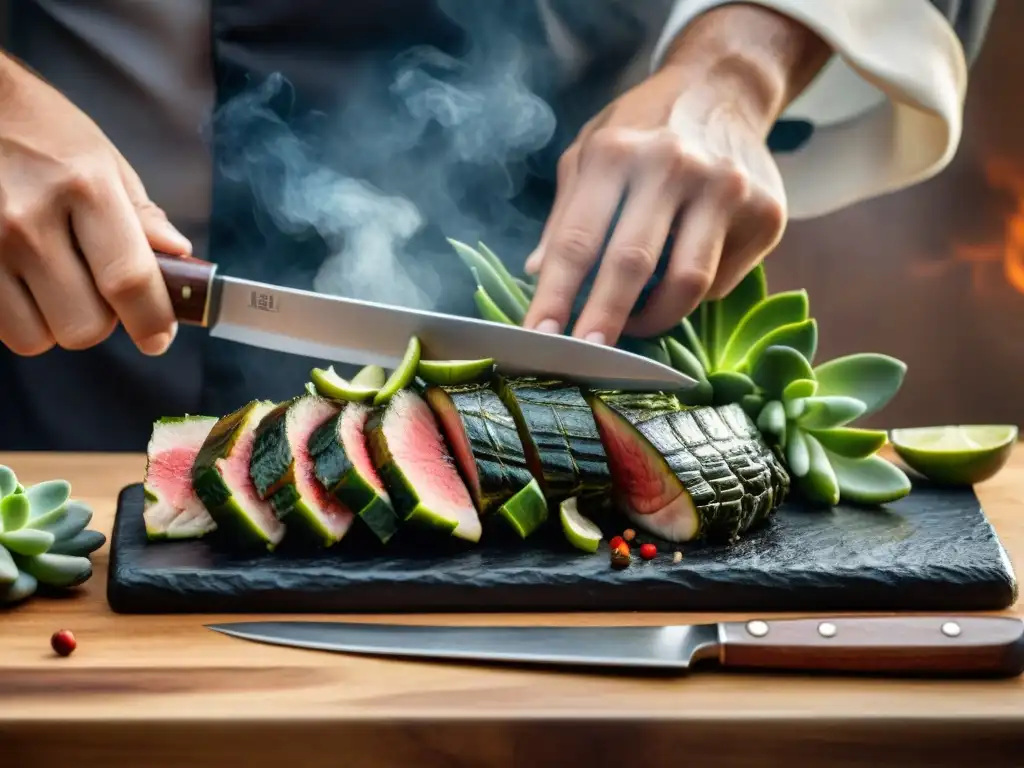 Un chef experto cortando una suculenta pieza de cocodrilo asado, mostrando su textura y sabor