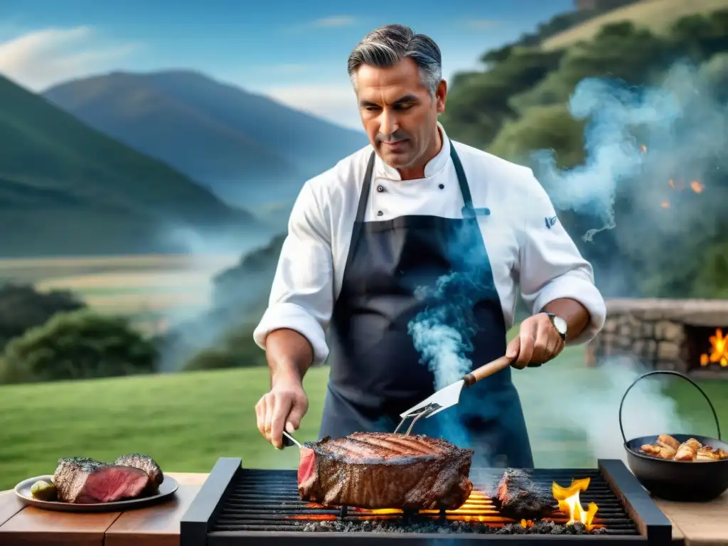 Un chef experto asando un suculento churrasco uruguayo sobre las llamas, rodeado de naturaleza