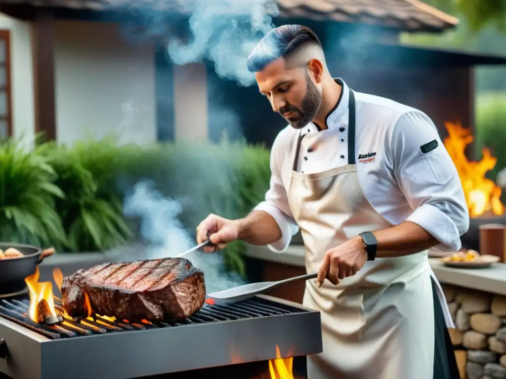 Un chef experto asando un suculento filete sobre brasas, evocando maestría culinaria