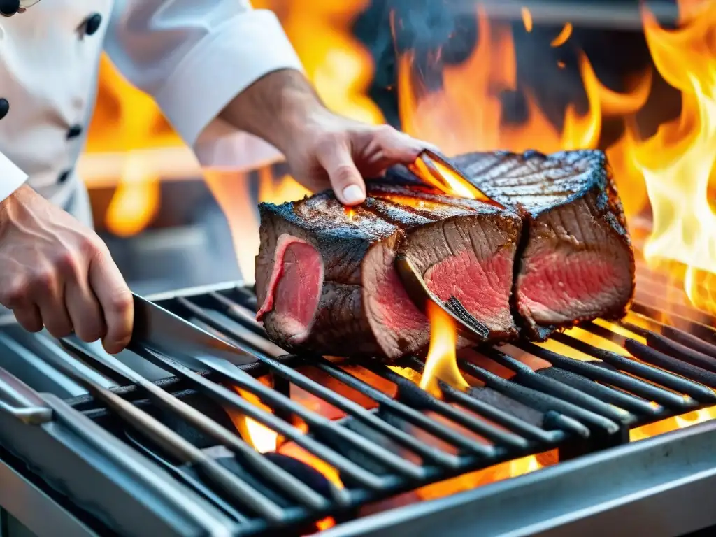 Un chef experto cortando un suculento filete en una parrilla con técnicas avanzadas de asado perfecto, entre llamas danzantes