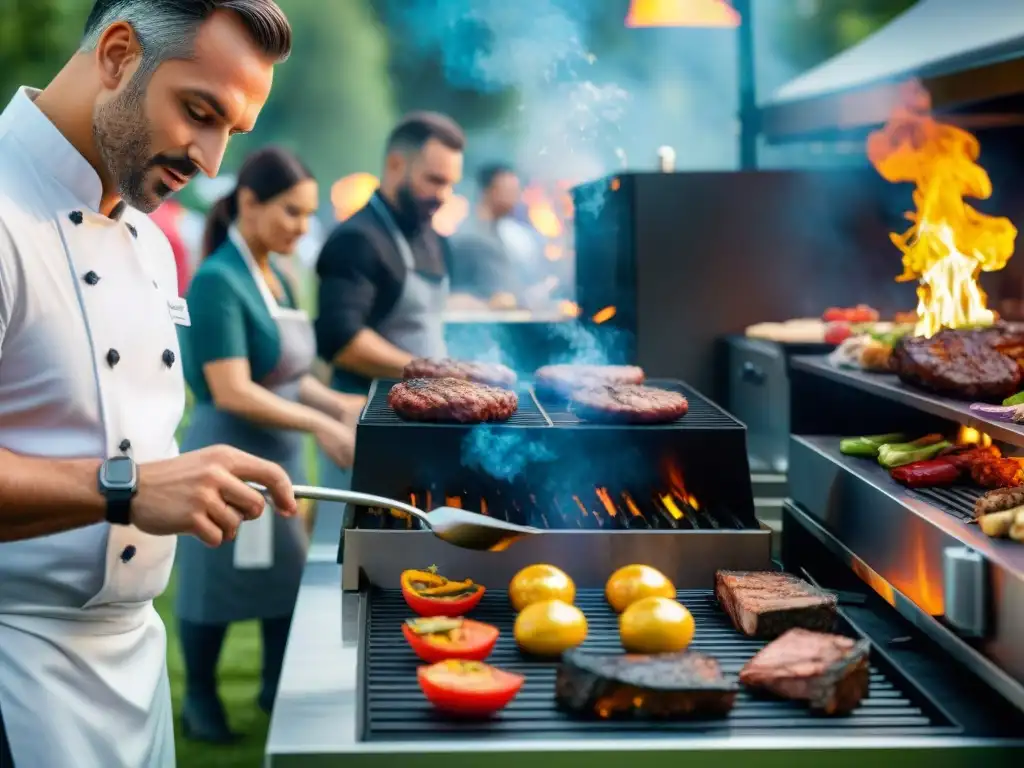 Un chef experto en técnicas de asado para eventos, dominando múltiples parrillas con precisión y maestría en un evento vibrante al aire libre