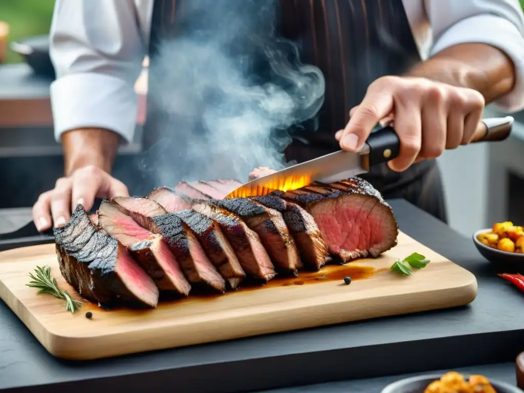 Un chef experto corta una Picanha uruguaya con precisión, destacando las técnicas de asado