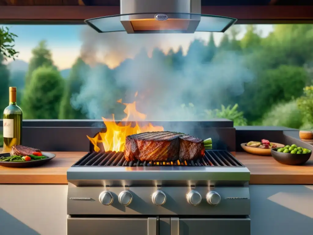 Un chef experto en técnicas avanzadas de asado en parrillas de alta gama, en una lujosa cocina al aire libre