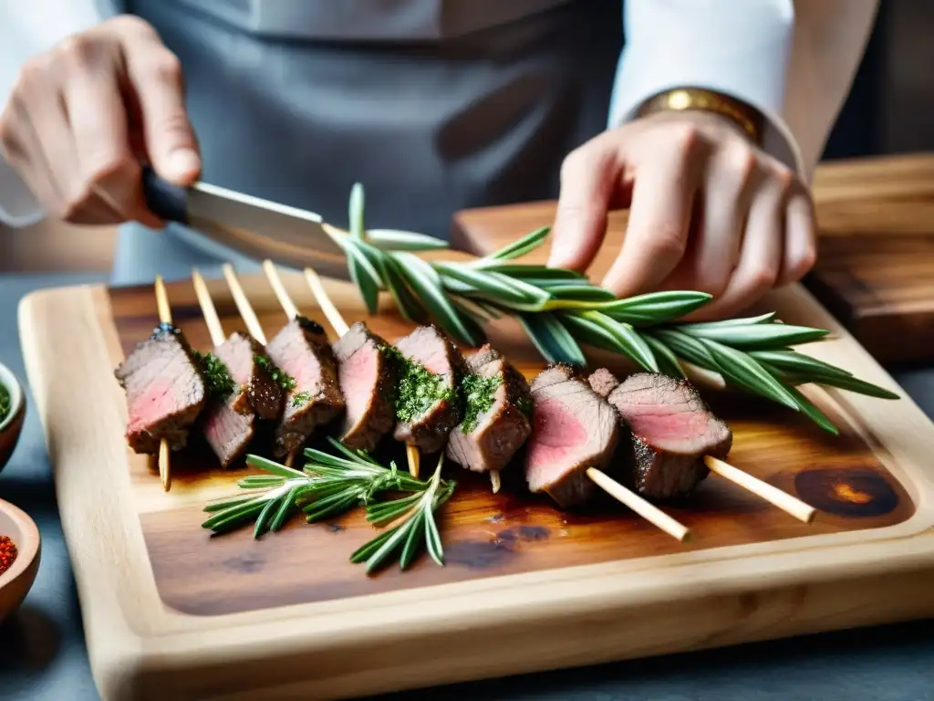 Un chef experto ensarta trozos de cordero marinado en brochetas metálicas, rodeado de hierbas y especias, listo para asar