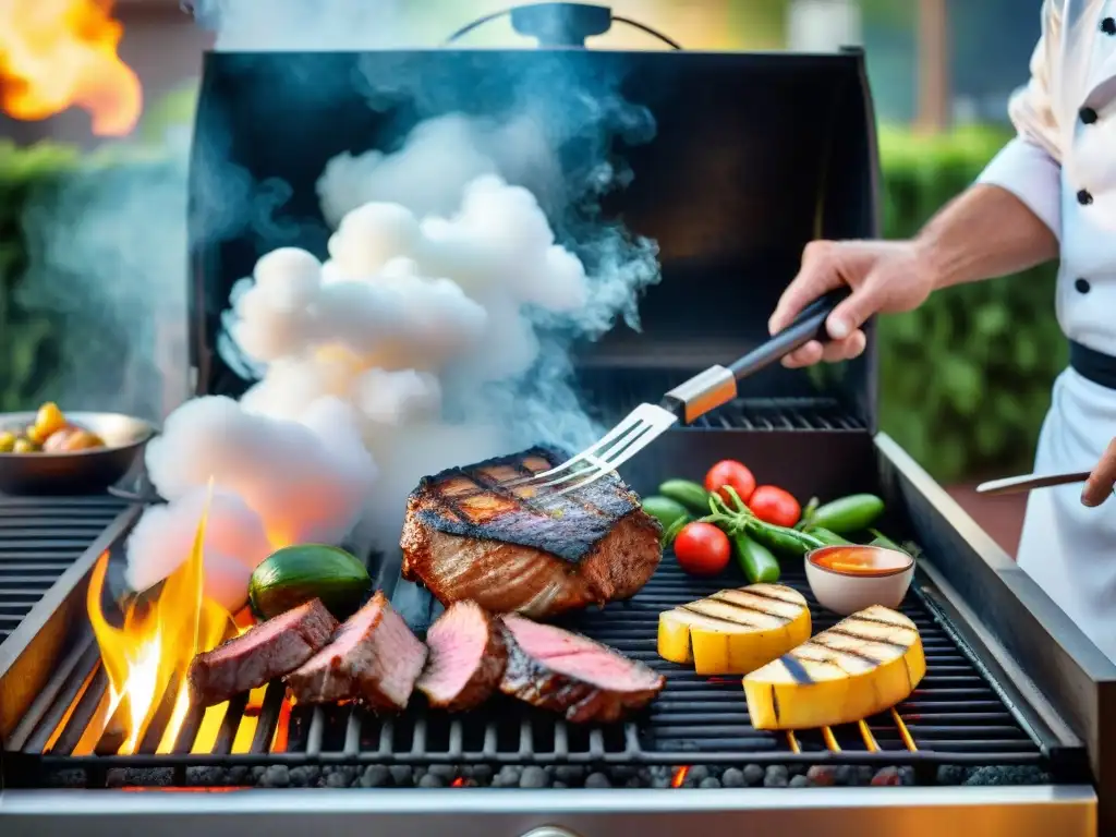 Un chef experto asando una variedad de carnes y vegetales con técnicas seguras en una parrilla, rodeado de humo y fuego