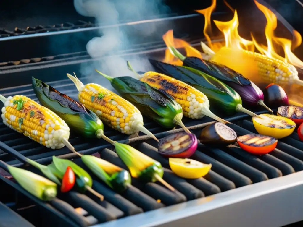 Un chef experto asando vegetales en una parrilla, demostrando su destreza en recetas de asado vegano en la parrilla