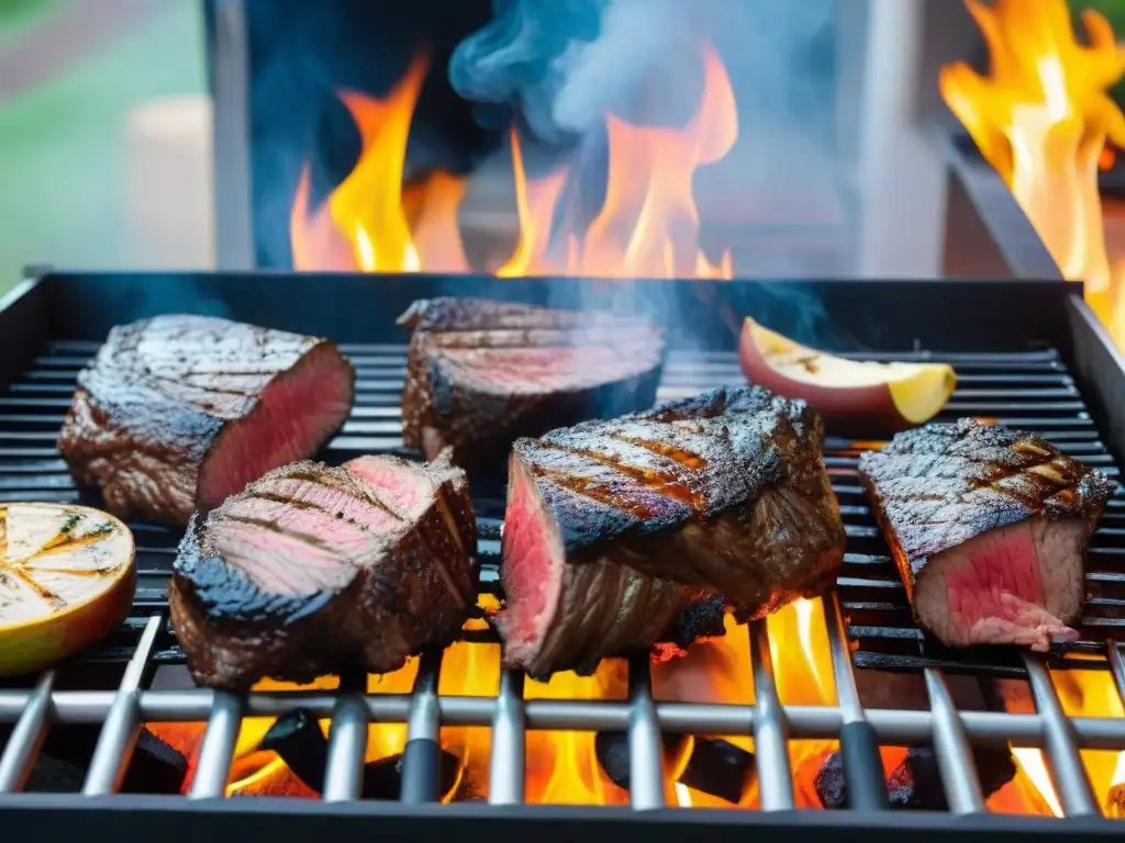 Chef expertos asando carne premium uruguaya en parrilla de leña bajo cielo azul