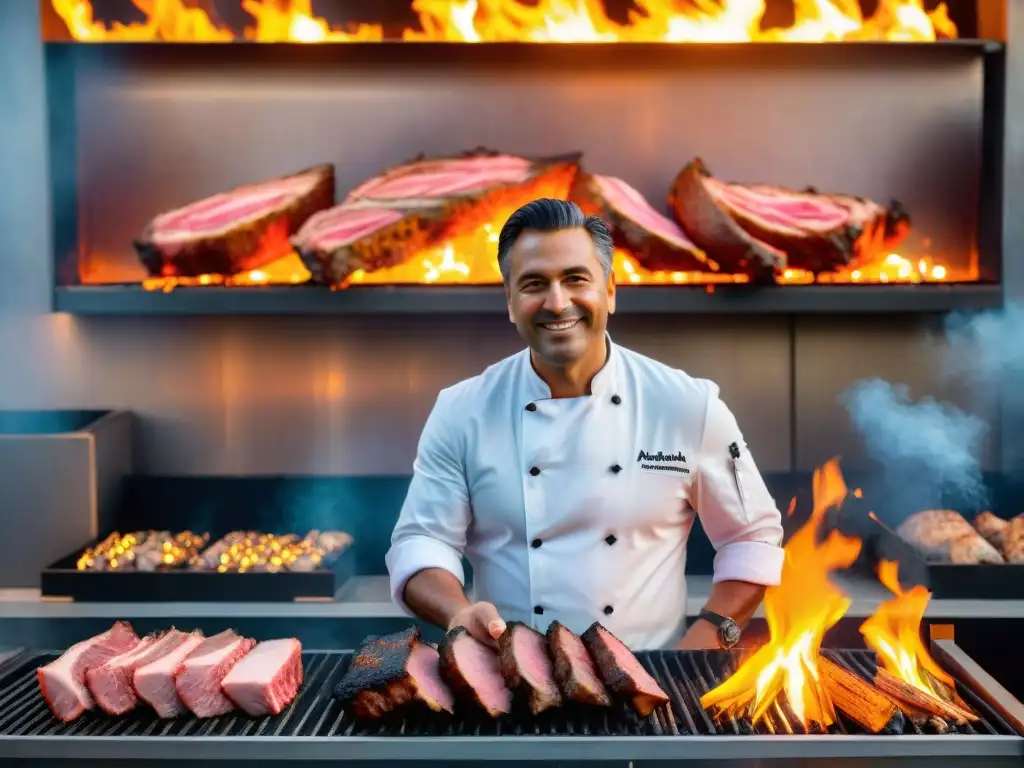 Chef Francisco marina carne frente a la parrilla con llamas, creando un marinado perfecto para asado uruguayo