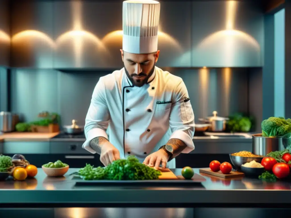 Un chef edita una fotografía gastronómica en una cocina moderna