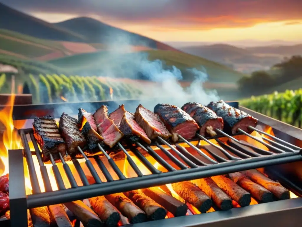 Un chef gaúcho preparando una parrilla uruguaya con cortes de carne, rodeado de humo y brasas, en un atardecer dorado