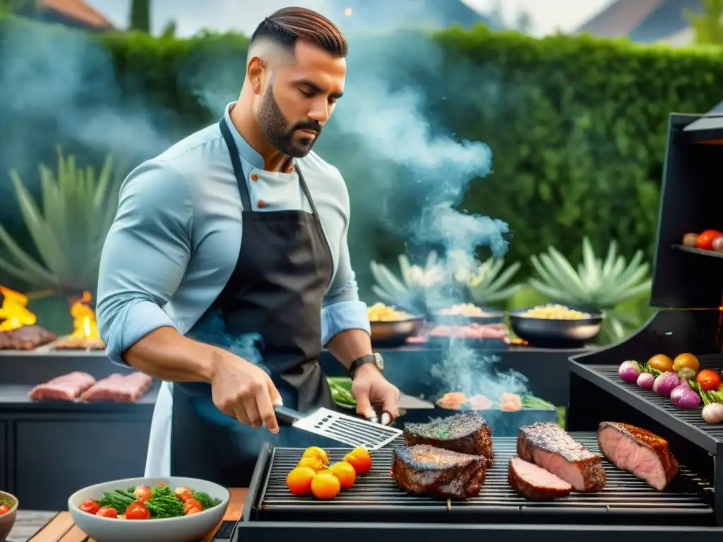 Un chef gourmet experto asando con técnicas gourmet para asado a la parrilla, rodeado de exuberante naturaleza y luces