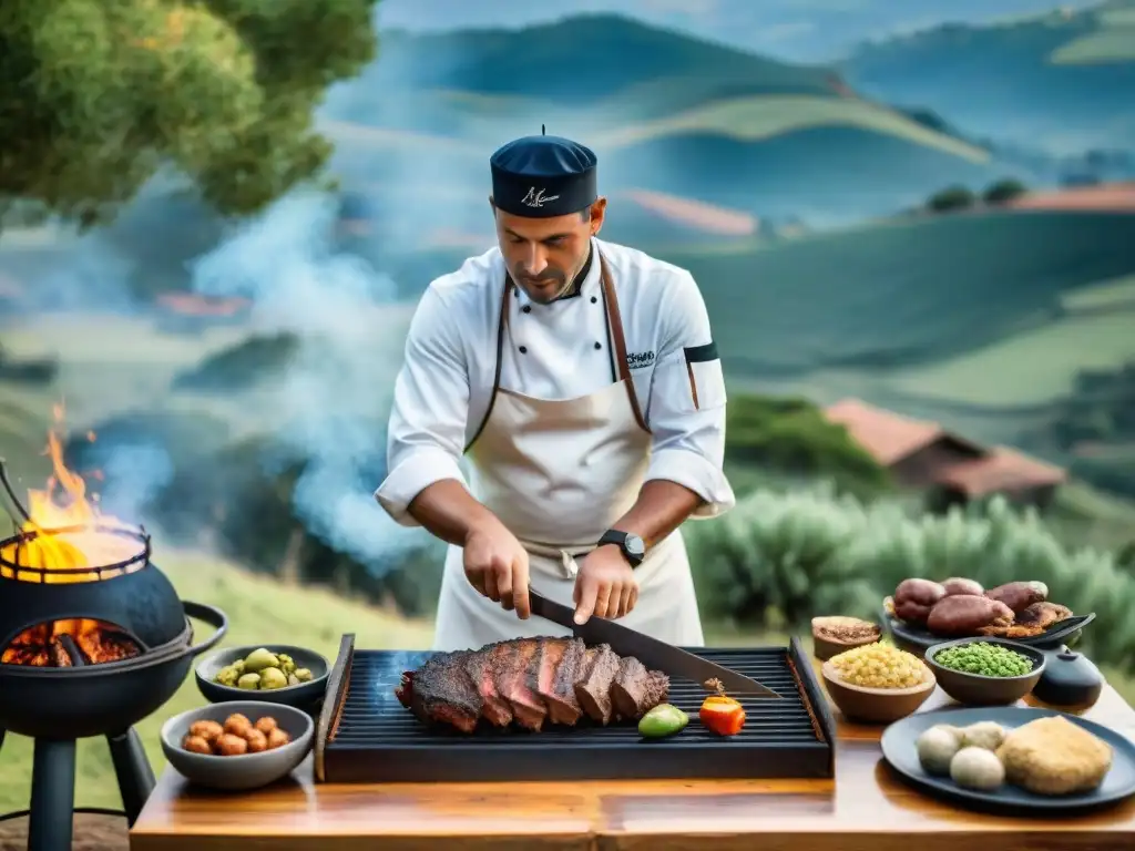 Un chef habilidoso preparando un asado uruguayo en un entorno tradicional con la palabra clave 'Consejos presentación asado uruguayo'