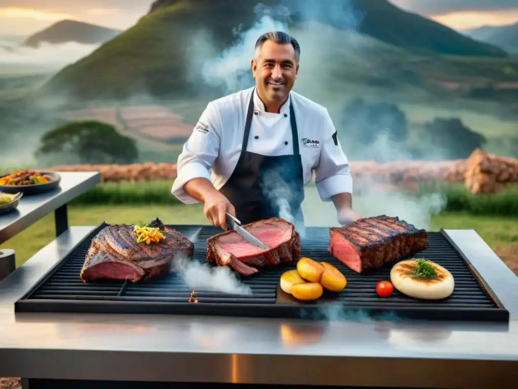 El Chef Historiador Federico Barrios prepara un asado uruguayo en una parrilla tradicional rodeado de paisaje campestre