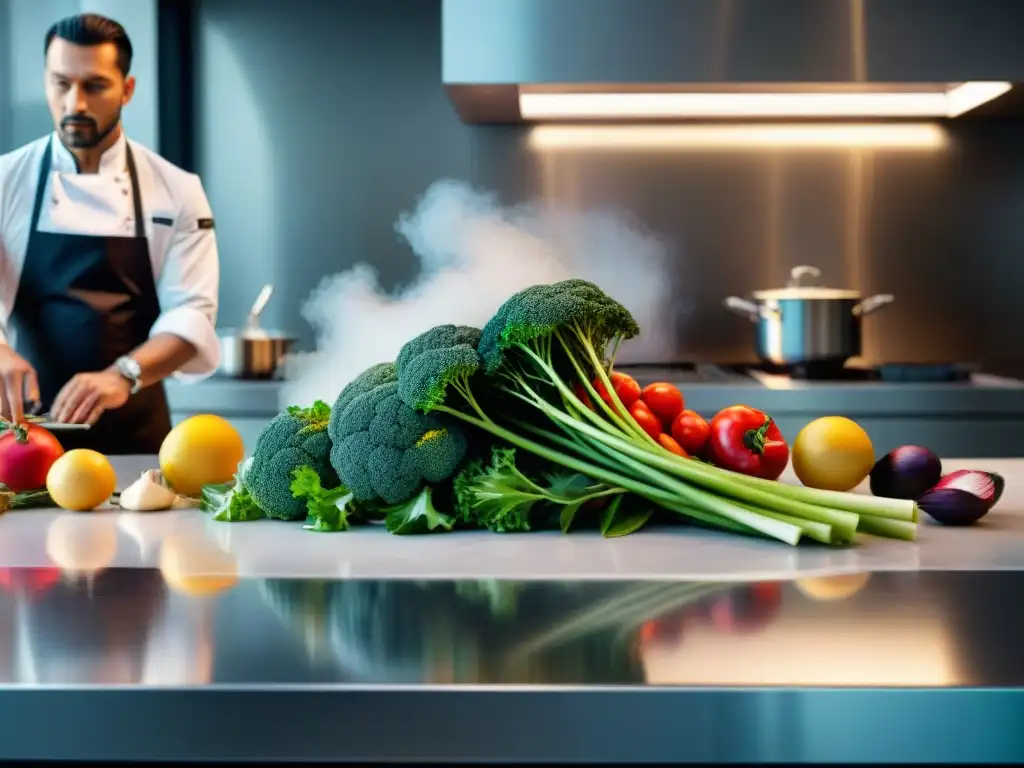 Chef preparando ingredientes frescos en una cocina moderna para fotos gastronómicas en redes sociales