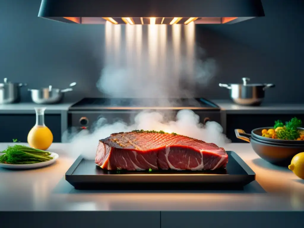 Chef innovador cortando carne con tecnología avanzada en cocina futurista