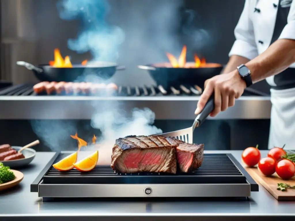 Un chef innovador en una parrilla vanguardista, creando platos visualmente impactantes