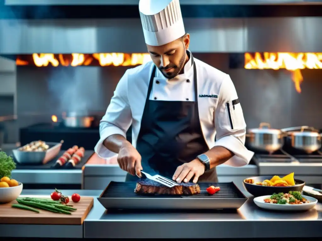 Un chef innovador preparando un plato vanguardista en una cocina moderna, rodeado de equipos de parrilla de última generación