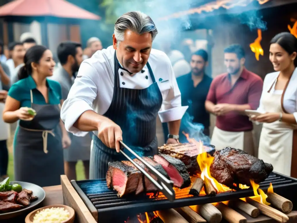 Un chef internacional experto asando un asado uruguayo, enseñando a estudiantes en una clase magistral culinaria