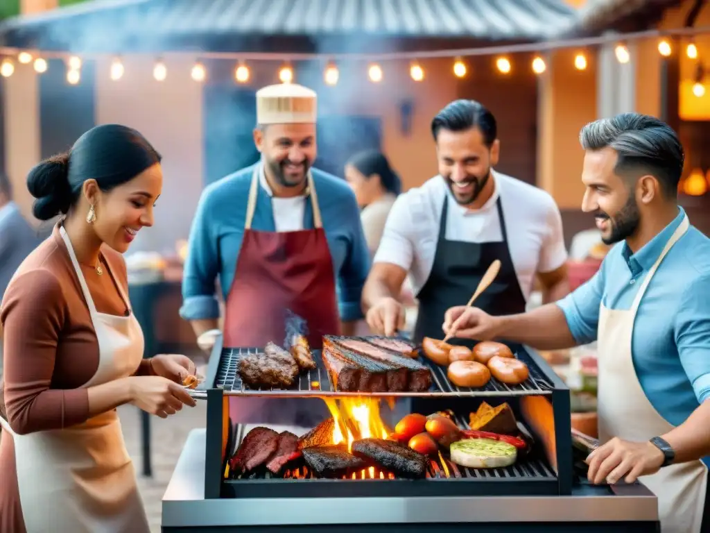 Chef internacional preparando recetas asado uruguayo en multicultural parrillada al aire libre