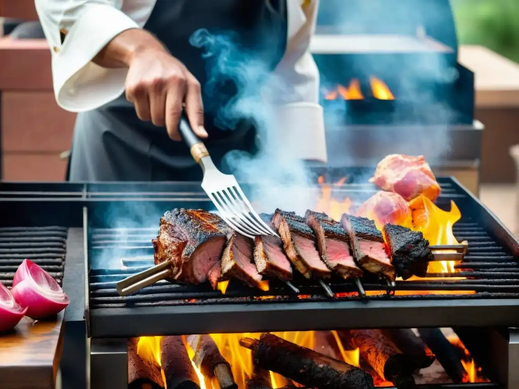 Un chef internacional prepara un suculento asado uruguayo en una parrilla, rodeado de ingredientes vibrantes y utensilios de cocina