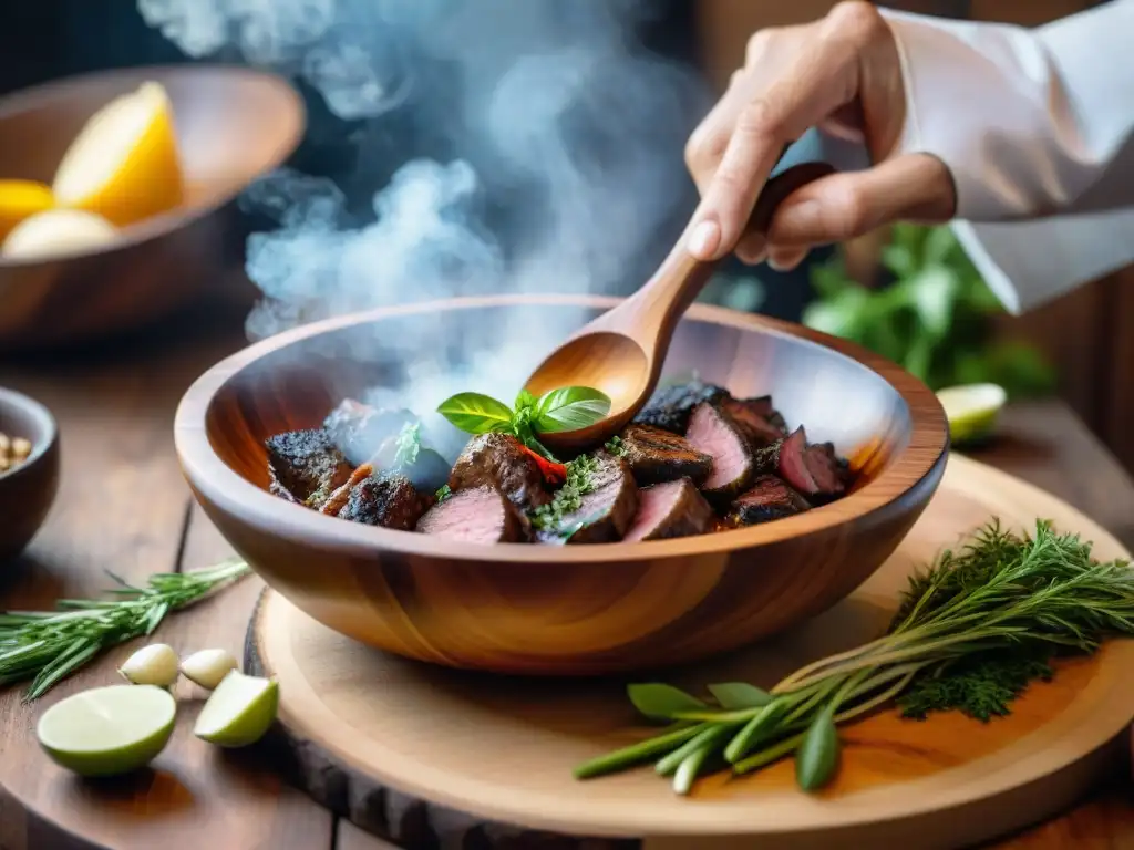 Un chef prepara un marinado perfecto para asado uruguayo con cuidado y pasión