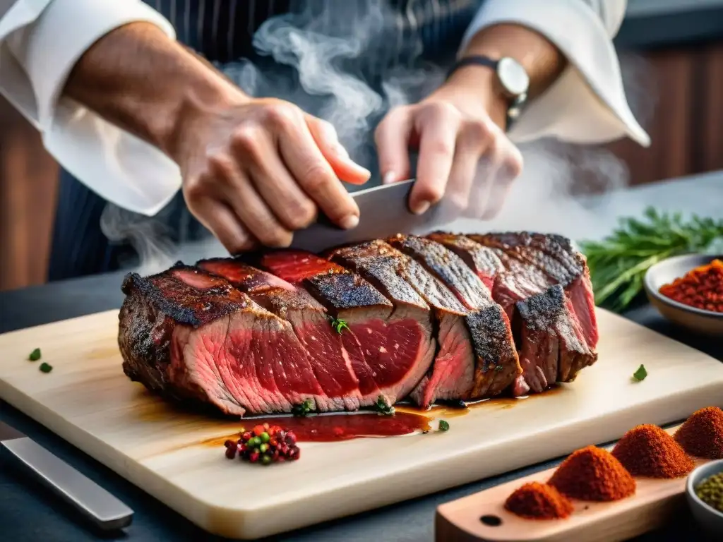 Un chef masajeando marinado rojo en un filete crudo, resaltando los colores y texturas