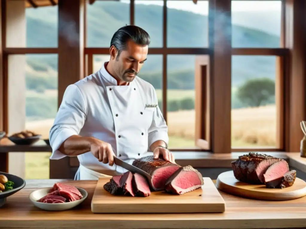 Un chef seleccionando el mejor corte de venado para un asado gourmet en Uruguay