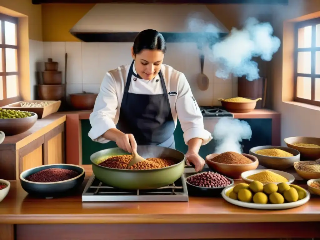 Un chef prepara morcillas dulces uruguayas en una cocina tradicional, con ingredientes coloridos