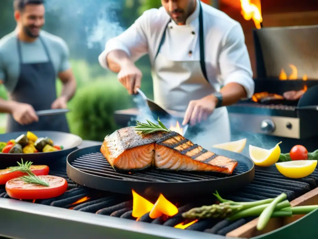 Un chef asando opciones de asado saludables en un restaurante al aire libre, con comensales felices y coloridas verduras