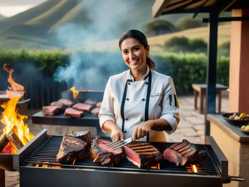 La chef Lucía Soria orgullosa frente a una parrilla uruguaya con cortes premium de carne