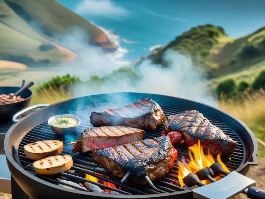 Un chef prepara una parrillada en un paisaje montañoso de Uruguay