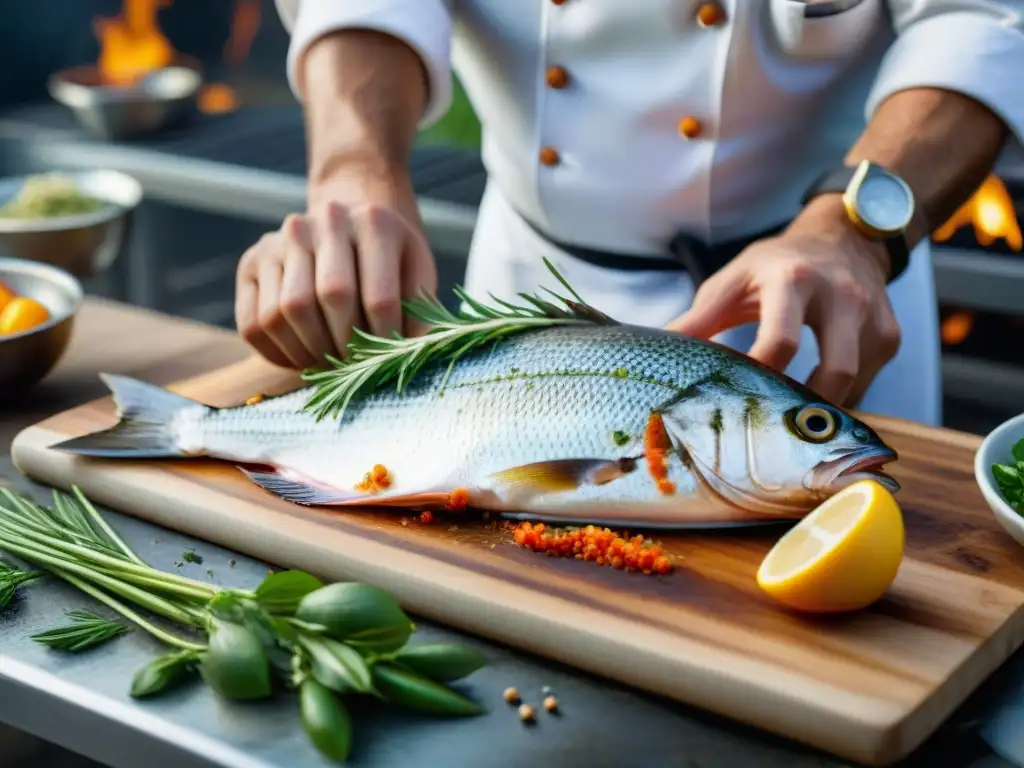 Un chef sazona expertamente un pescado entero con hierbas frescas, sal marina y cítricos, en un asado de pescado al marino