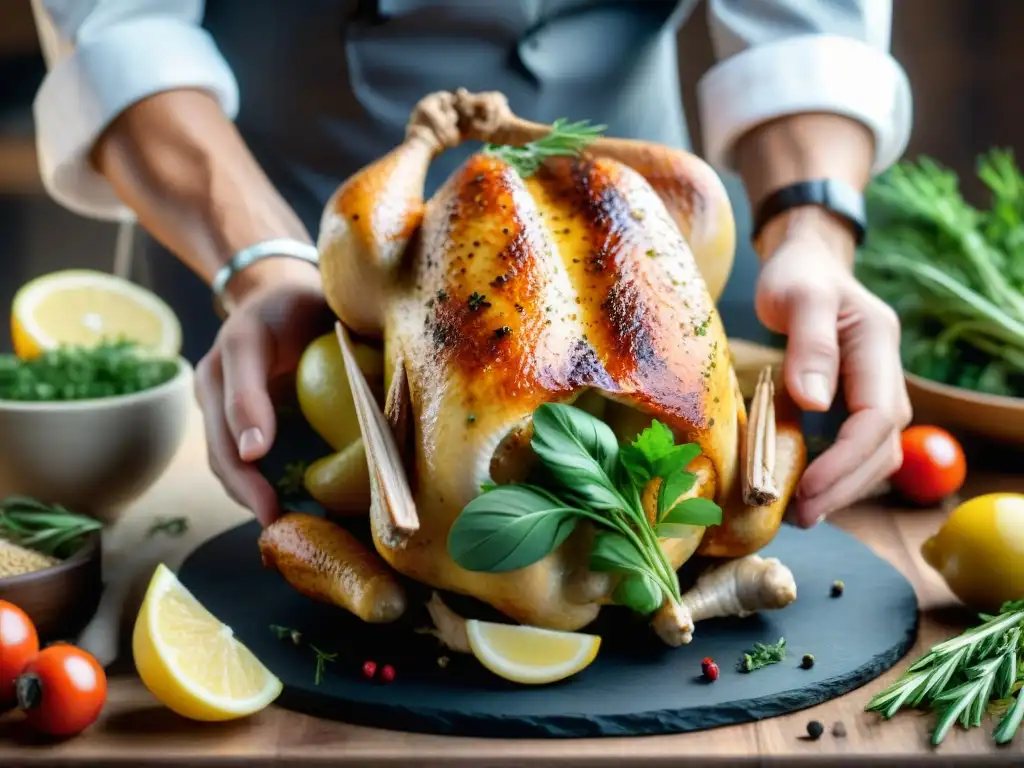 Un chef sazona un pollo entero con hierbas y especias, mostrando técnicas para lograr una piel crujiente al asar