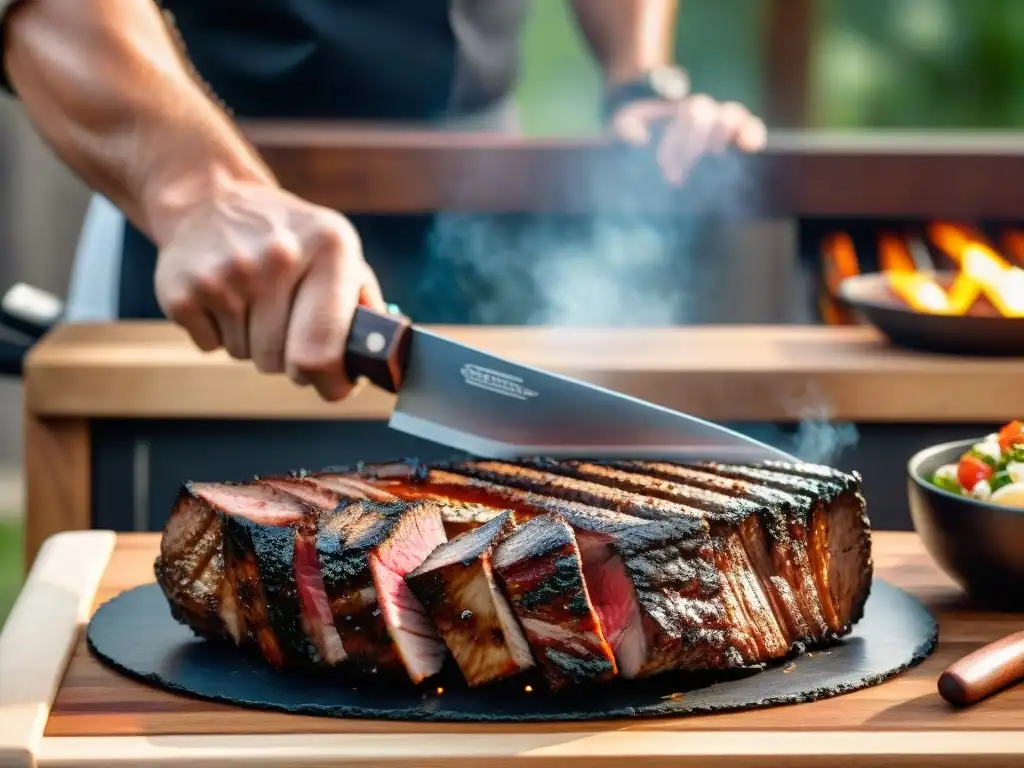 Un chef afila con precisión un cuchillo de barbacoa en una piedra de afilar, resaltando la importancia de mantener cuchillos para asado recomendados