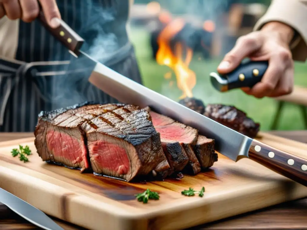 Un chef hábil corta con precisión un jugoso filete con un cuchillo premium en una reunión de asado al aire libre