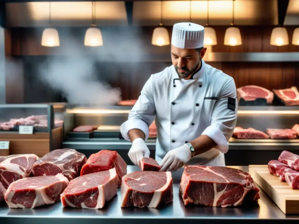 Chef profesional seleccionando cortes de carne en carnicería