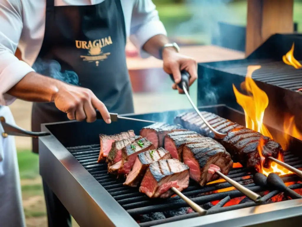 Un chef profesional preparando un delicioso asado uruguayo en parrilla, con fuego y pasión