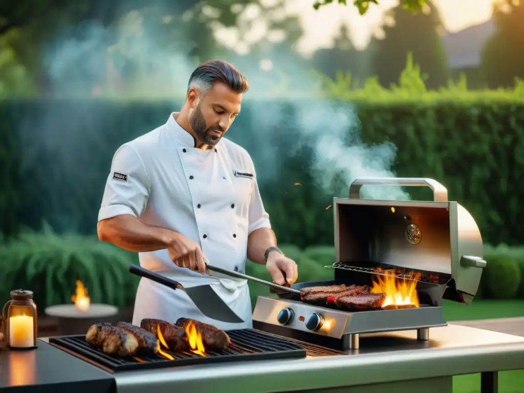 Un chef profesional limpia con cuidado y precisión una parrilla al aire libre, con el caluroso resplandor de las brasas iluminando su rostro concentrado, destacando la importancia del mantenimiento preventivo para un óptimo desempeño en el asado