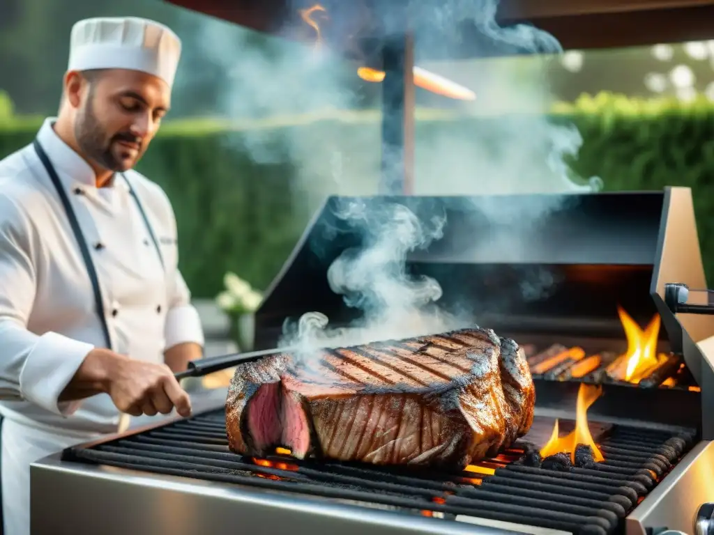 Un chef profesional asando a la parrilla un suculento filete, con humo y aroma tentador