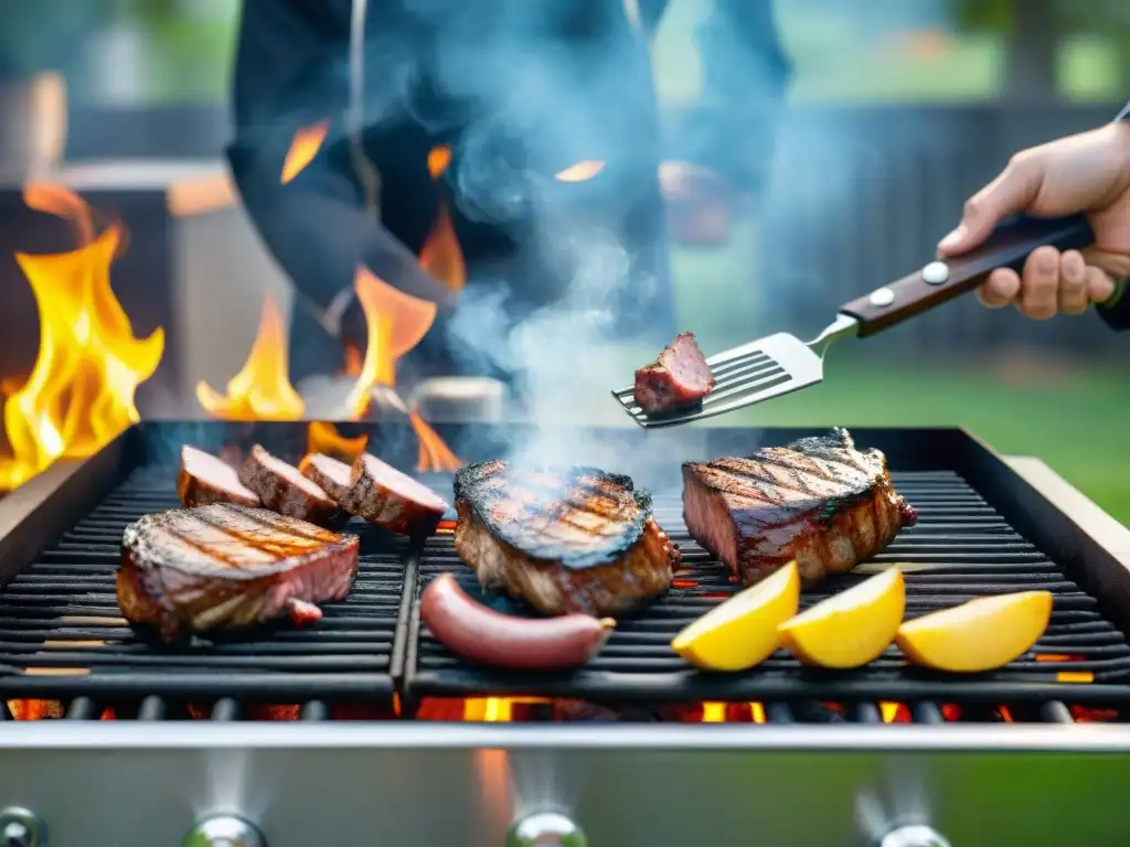 Un chef profesional asando una variedad de carnes en una parrilla caliente, rodeado de vegetación exuberante y cielo azul