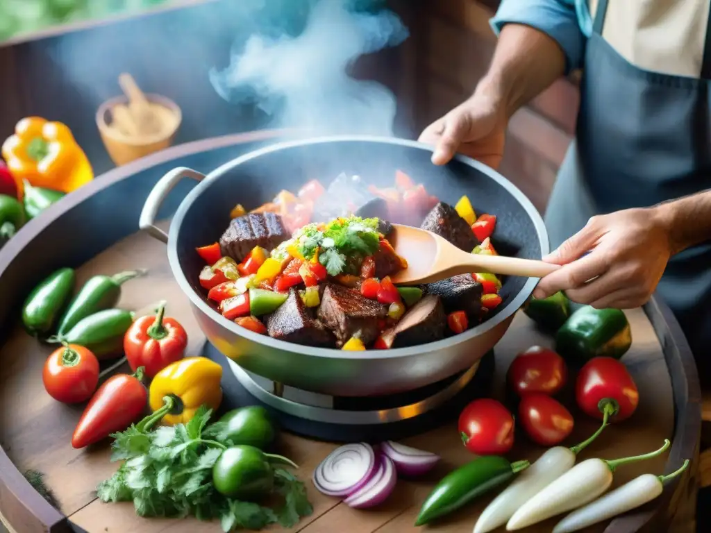 Un chef prepara salsa criolla para asado uruguayo casero en medio de la naturaleza exuberante