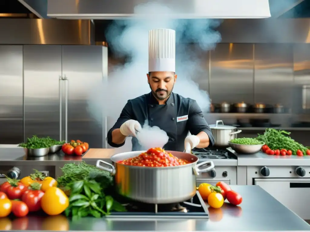 Un chef preparando salsas para asado de carne en una bulliciosa cocina, rodeado de ingredientes coloridos y aromáticos