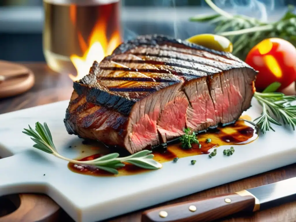 Un chef cortando una suculenta tomahawk steak asada, rodeada de hierbas frescas y vegetales a la parrilla