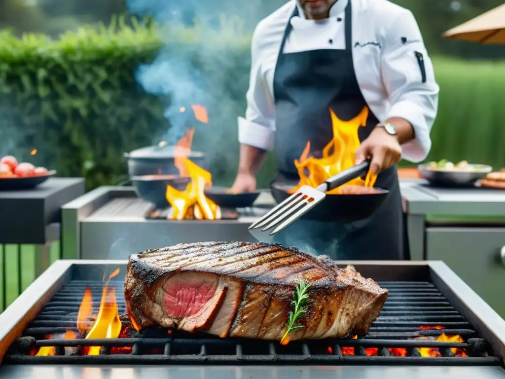 Chef Luis Acosta asando un suculento filete sobre una parrilla de carbón, rodeado de llamas