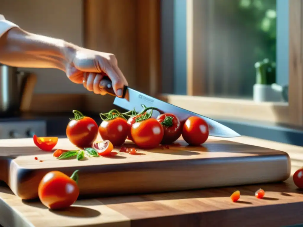 Un chef cortando tomates rojos para salsas y aderezos, con gotas de jugo brillando al sol en una cocina rústica