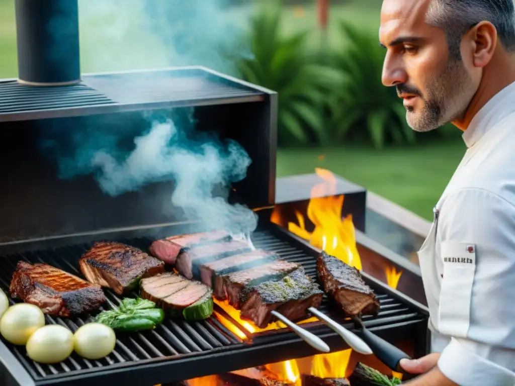 Un chef asando un tradicional asado uruguayo al aire libre al atardecer