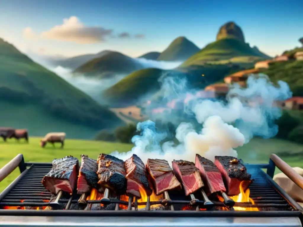 Chef uruguayo preparando asado al aire libre en paisaje campestre