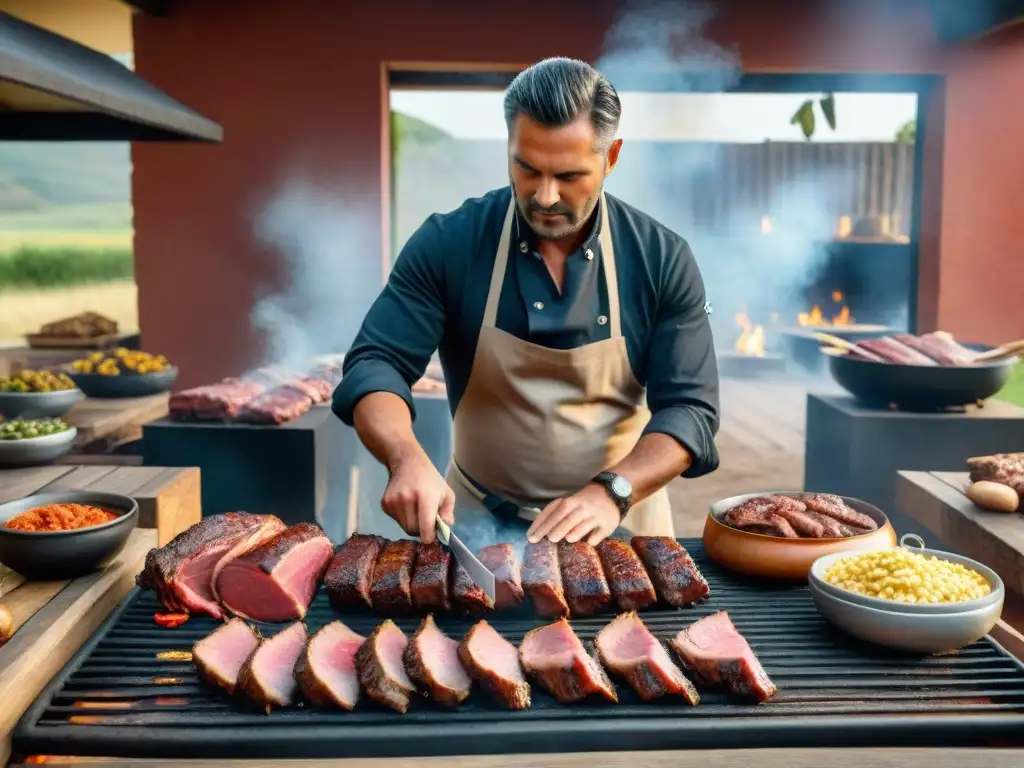 Chef uruguayo preparando un asado con cortes premium