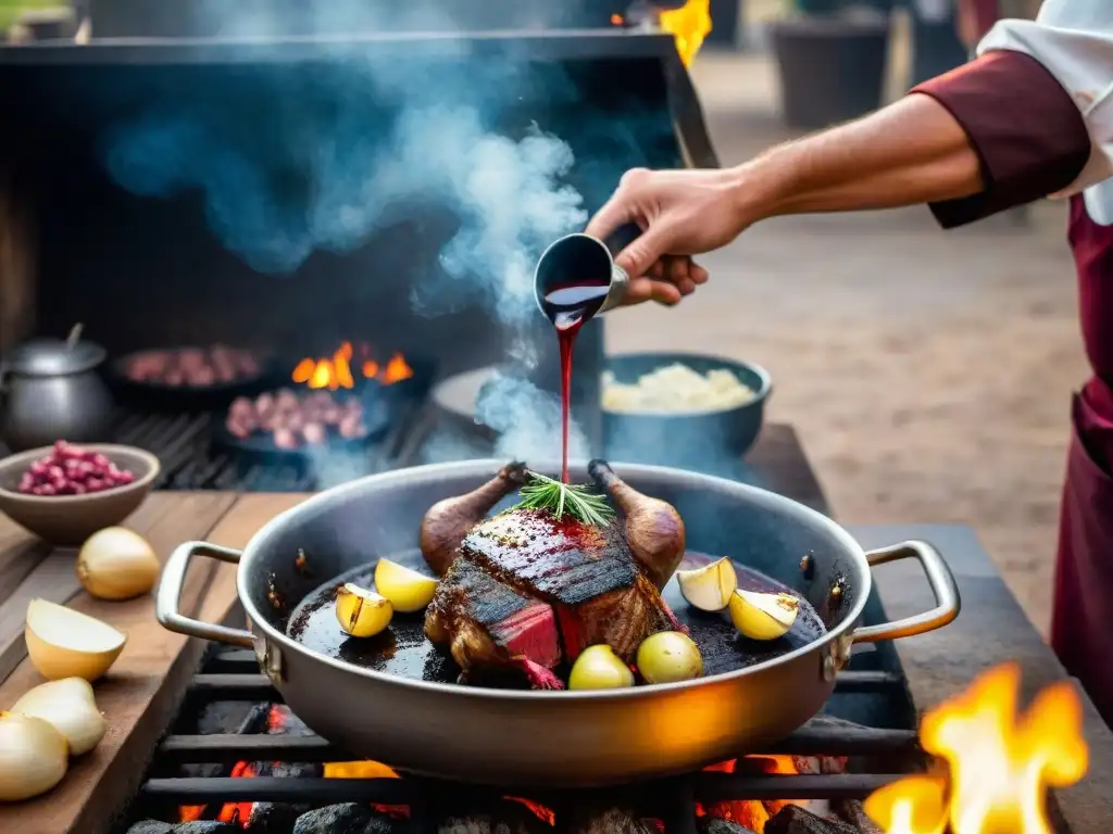 Un chef vierte vino tinto uruguayo en una sartén con cebolla y ajo, creando un intenso maridaje vino asado uruguayo